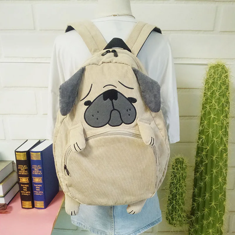 Women Girl Boy Students Backpacks Unisex Cute Cartoon Animal Prints Fox Dog Book Travel Bags Softback Zipper Corduroy 6H0066