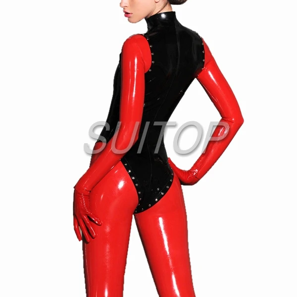 

Black sexy latex cat suit rubber jumpsuits swimming leotard in rivet with front zip