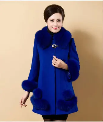 Высококлассное женское осеннее и зимнее кашемировое пальто для женщин среднего возраста с воротником из искусственного лисьего меха, длинное шерстяное пальто большого размера - Цвет: Королевский синий