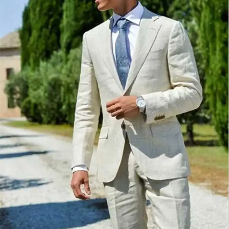 

Latest Coat Pants Designs Ivory Linen Men Suits Wedding Summer Groom Tuxedos Costume Homme 2Piece Man Blazer Jacket Trousers