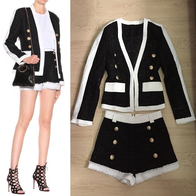 

Elegant Women Two Piece Set 2018 Designer Suit Set Women's Colour Block Lion Buttons Tweed Blazer Jacket Tassel Shorts Set X127