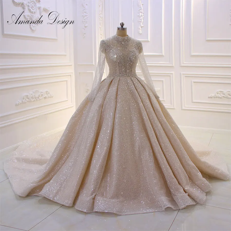 

Amanda Design High Neck Long Sleeve Luxury Crystal Beading Shiny See Through Wedding Dress
