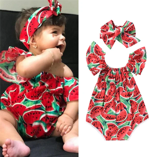 Vêtements pour bébé fille, tenue 2 pièces pour nouveau-né, body imprimé  pastèque sans manches + bandeau doux - AliExpress