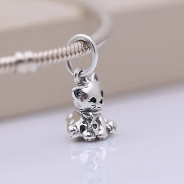 

100% 925 Sterling Silver Sweet Cat Charm With Little Fish Dangling,fit Original Pandora Bracelet,Gift for Women DIY Jewelry
