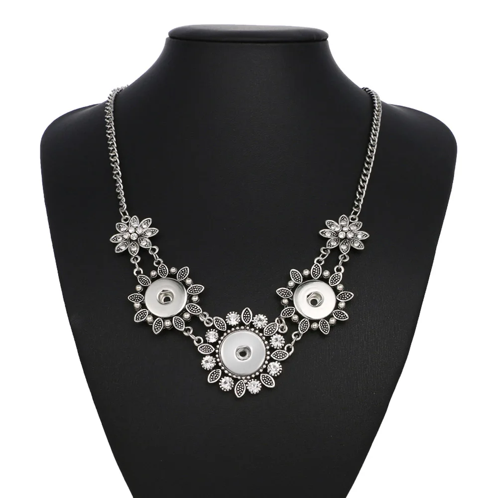 

NEW Vintage Jewelry Metal Chain Snap necklace 50CM Rhinestone Flower pendant fit DIY 18MM snap buttons jewlery