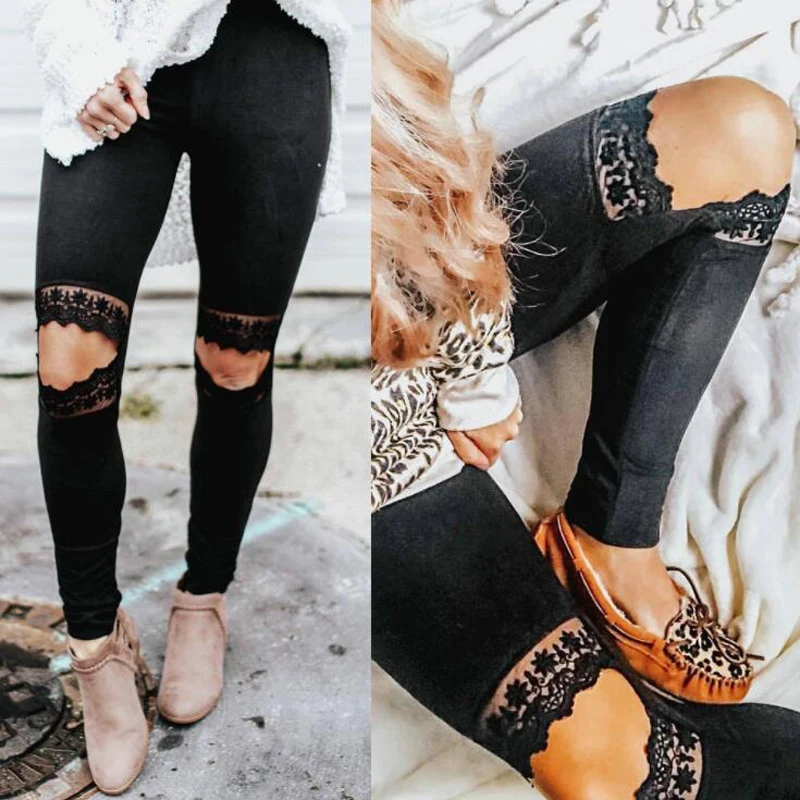 

Sexy Slim Fit Lace Knee Hole Casual Pants Fashion New Style Sexy Women Pants Fashion Pantalon Femme Trousers Women