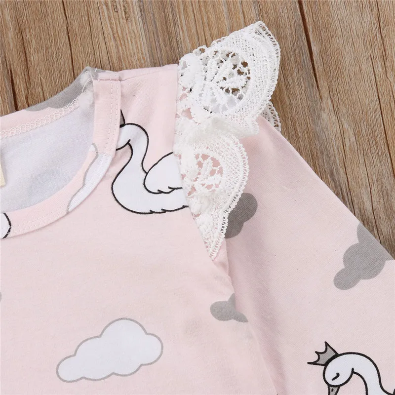 Костюм для новорожденных; купальник с лебедями для маленьких девочек; кружевной комбинезон с длинными рукавами для малышей; одежда с рисунком; осенняя одежда