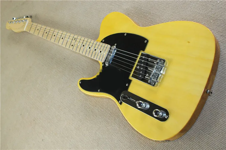 

Factory Wholesale Left-hand Yellow String-thru-body Electric Guitar with Maple Fretboard,Black Pickguard,Offer Customized