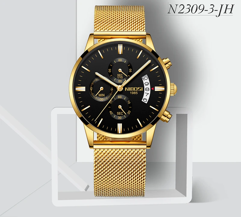 Montre Homme Marque De Luxe NIBOSI Top Brand Luxury Watches Men fashion Watch 2018 Mesh Band Chronograph Gold And Black Relogios (7)