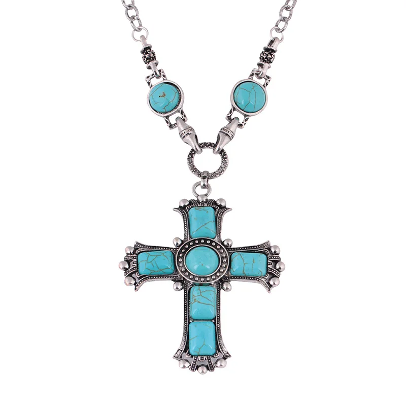 

Green Precious Stone Cross Necklace Men's Neutral Personality High-End Pendant Retro Celebrity Geometric Popular Sweater Chain