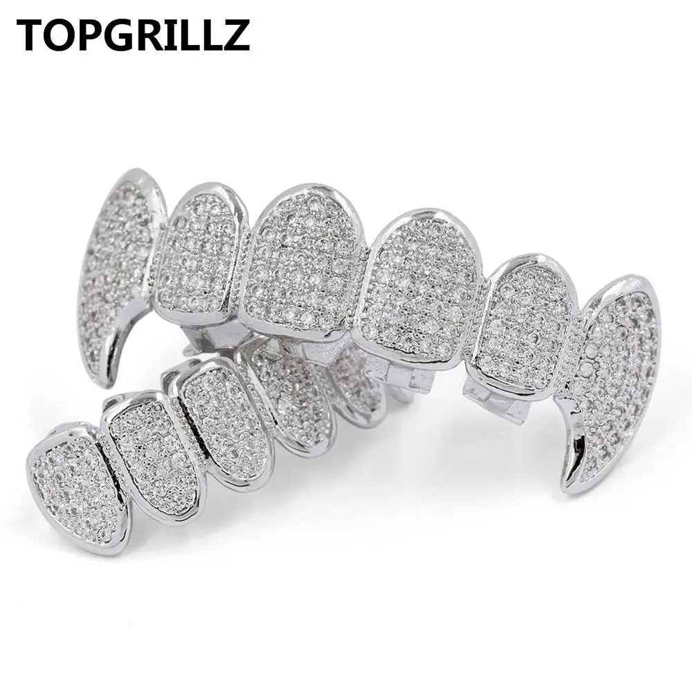 TOPGRILLZ пользовательский Fit посеребренный CZ микро проложить сверху и снизу Пользовательские Гриль Набор родий зубы грили вампирский зуб Grillz - Окраска металла: Silver Set