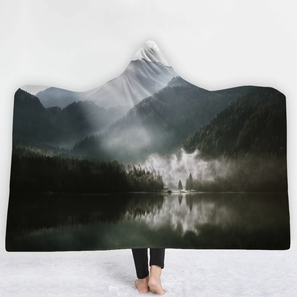 Mountains and rivers blanket with hat keep Warm soft comfortable fashion style design creative