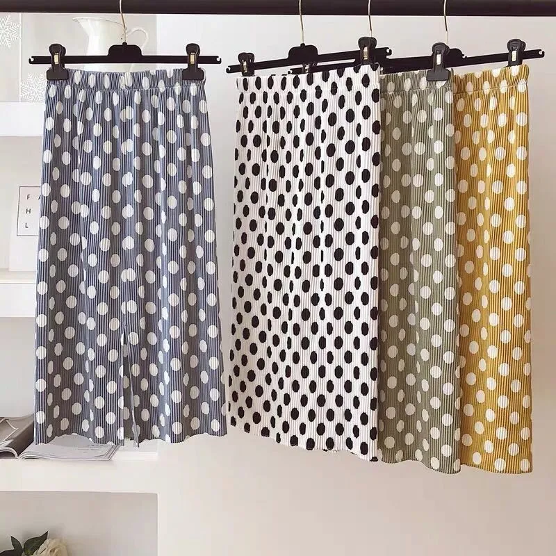 PEONFLY винтажные шифоновые в горошек летние юбки женские корейский стиль модные прямые плиссированные с разрезом и высокой талией юбки женские