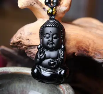 

Beautiful Chinese Handwork Natural Black Obsidian Carved Baby Buddha Amulet Lucky Pendant + Beads necklace Fashion Jad e Jewelry