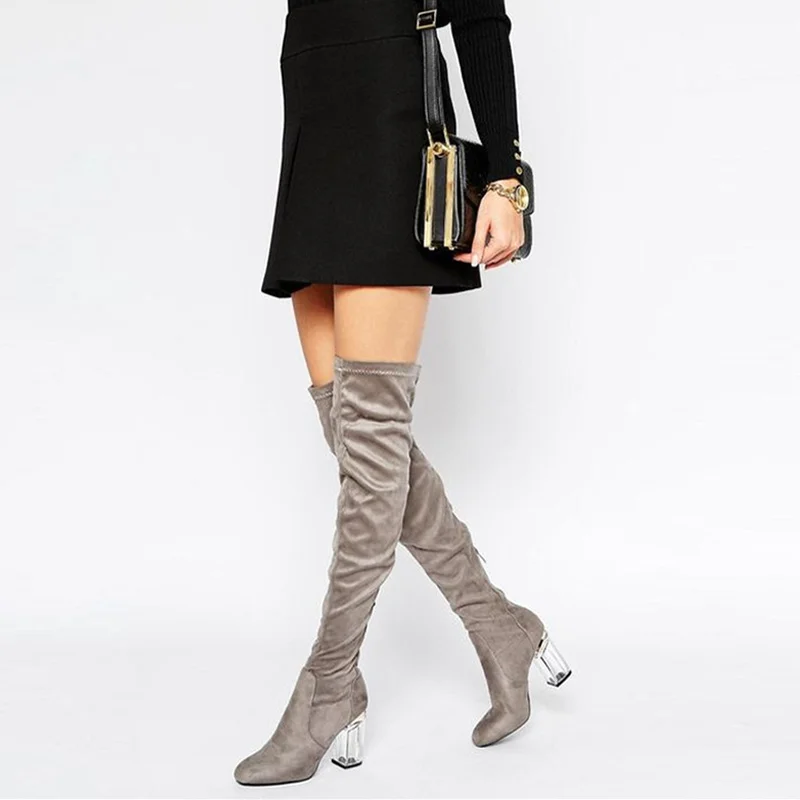 

Boots Women Sexy Crystal Heels Fashion Shoes Women Over the Knee Boots Perspex Clear Heel Thick Heels Thigh High Boots