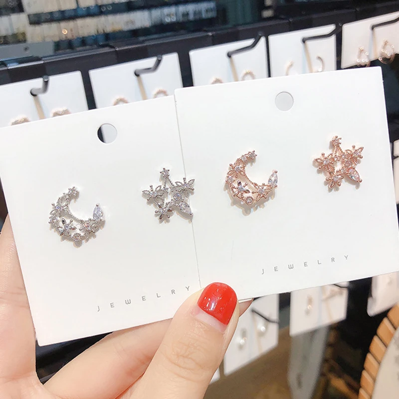 

Korea Creative Exquisite Hollow Star Moon Rhinestone Flower S925 Silver Pin Asymmetrical Stud Earrings Chic Women Ear Jewelry