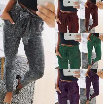 New Fashion Women Trousers Solid Shiny Bow Tie Ribbon Skinny Slim Bodycon Pants Female Long Pencil Plus Size Casual | Женская одежда