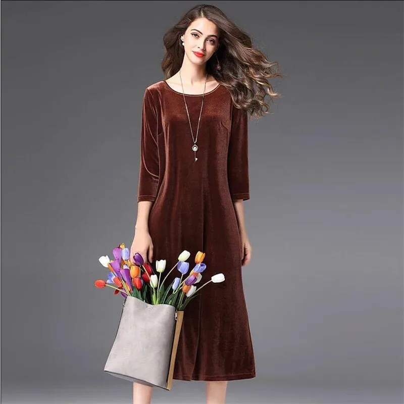 

Brand good quality womne three quarter sleeve long office velvet dress,plus size M- 6XL 7XL Elegant winter velour dress