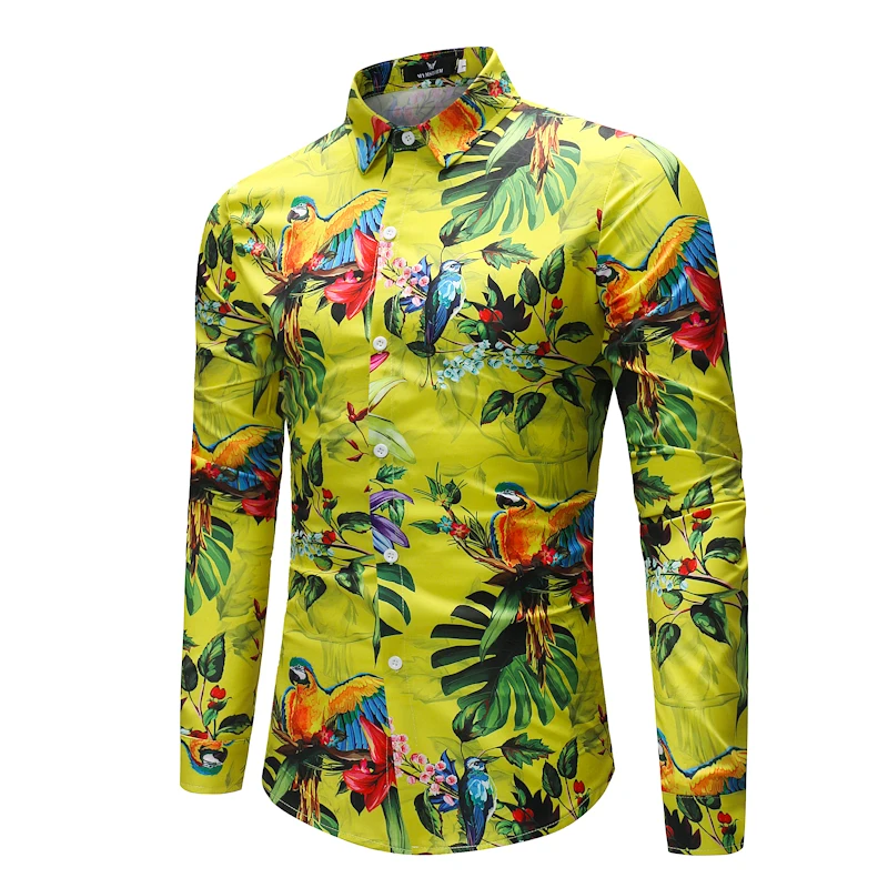 Floral Bird Print Shirt Men Slim Fit Long Sleeve Hawaiian Dress Shirt ...