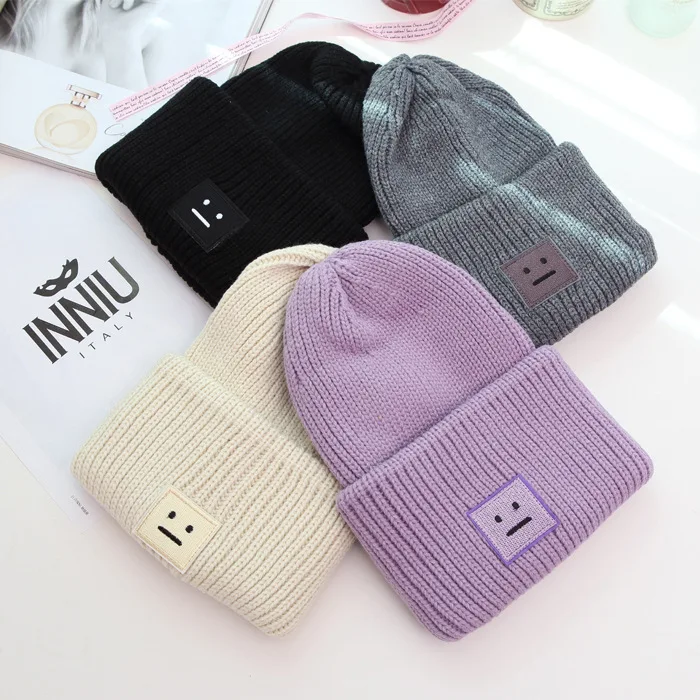 

1 Pcs Korean Square Smiling Face Knitted Caps Autumn Winter Brand Skullies Beanies Lovers Hats For Women And Men 4 Colors
