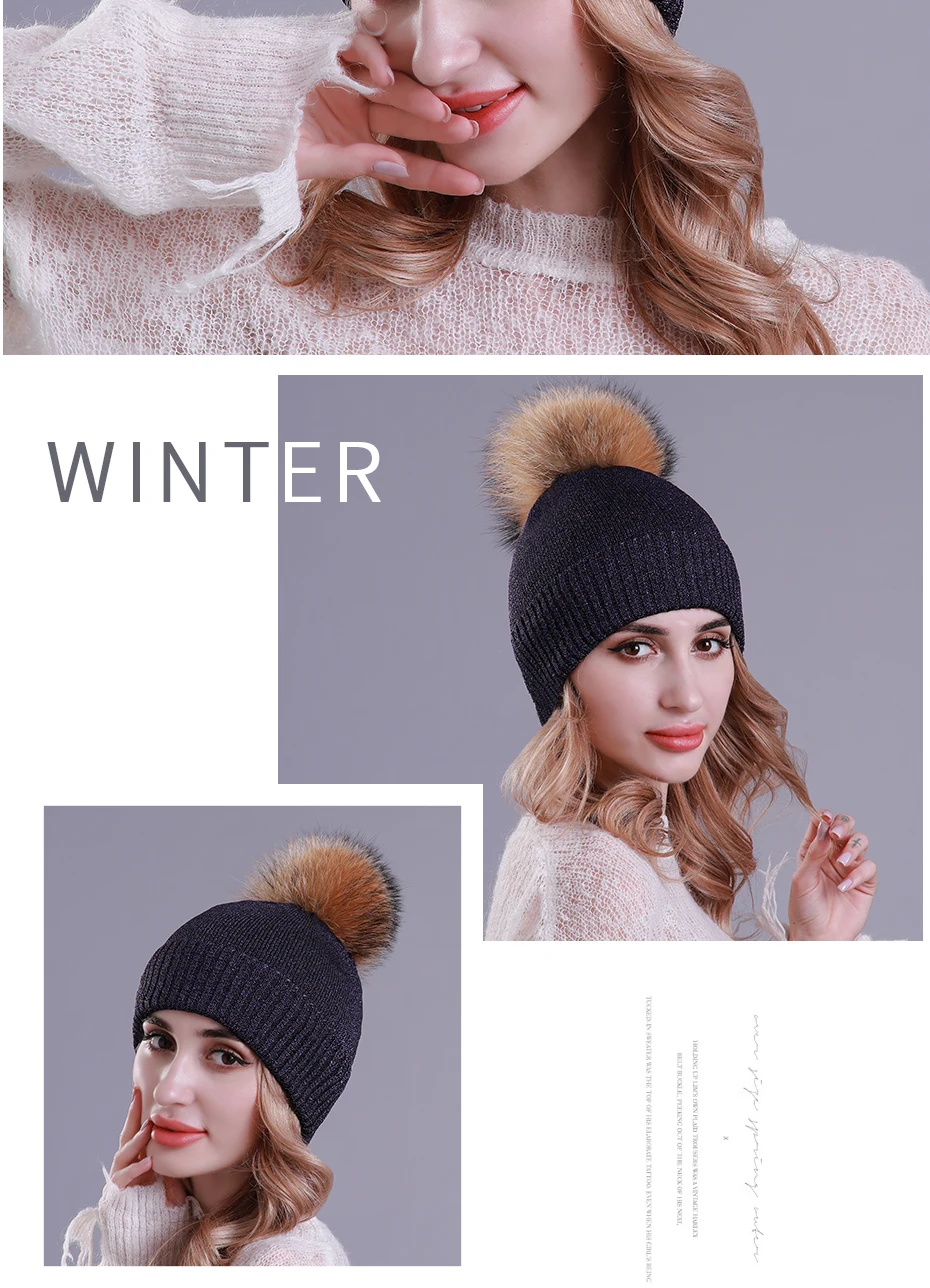 CNTANG плюс бархат теплую шапку для Для женщин зимние вязаные шапочки с помпоном из натурального меха Шапки двойной слой моды женские шапки