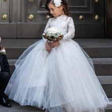 Коллекция года, белые кружевные платья с длинными рукавами и цветочным рисунком для девочек на свадьбу, платья для первого причастия, платья для девочек