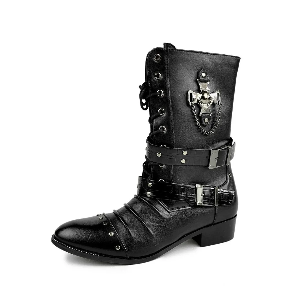2015 Punk Style Men Leather Combat Boots Gothic Rivet High Boots with