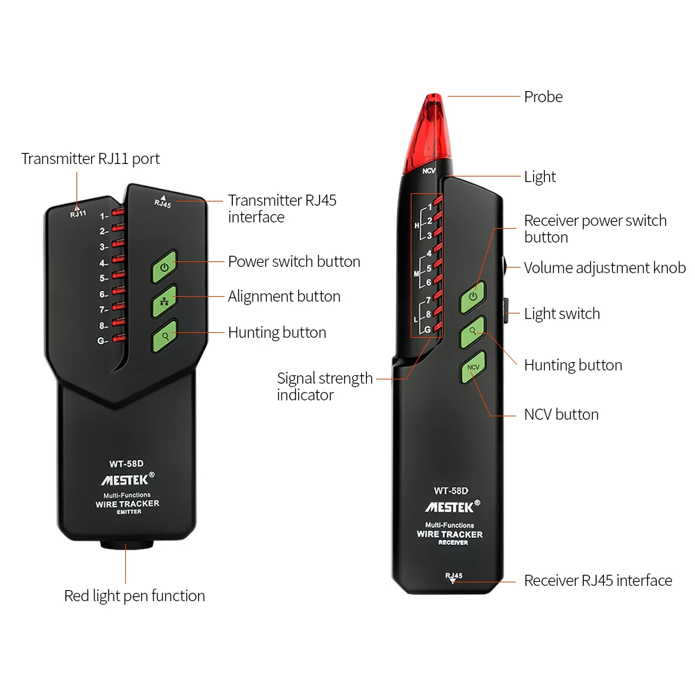 MESTEK RJ11 RJ45 никаких помех тестер для телефонного кабеля Тонер-детектор тестер сетевых кабелей Ethernet Lan NVC детектор линии Finder