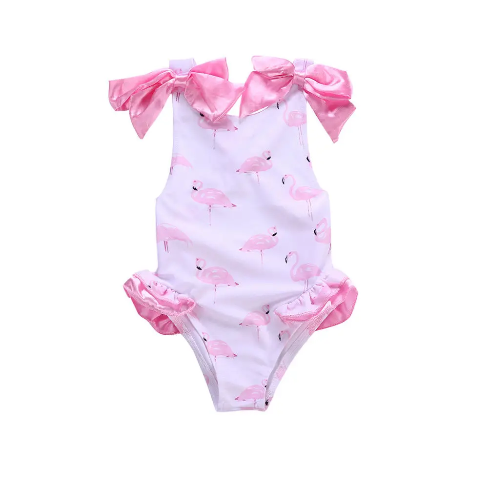 Hirigin/Новинка; летний комплект бикини для маленьких девочек; одежда для плавания с милым фламинго и бантом; купальный костюм - Цвет: Розовый