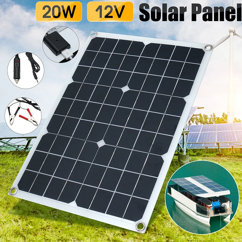 

20W 12V/5V DC Solar Panel Battery USB For Phone Light Car Charger Waterproof Home Solar System