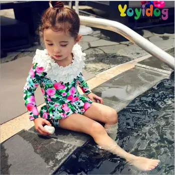 

children kids 2018 new fashion floral sun protective bikini set kids ruffles collar princess swimwear