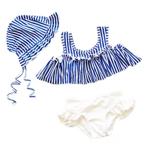 Полосатый раздельный купальник для девочек, полосатые раздельные штаны, купальный комплект для малышей, милый Модный Купальник, шляпа, плавки, топ, костюм