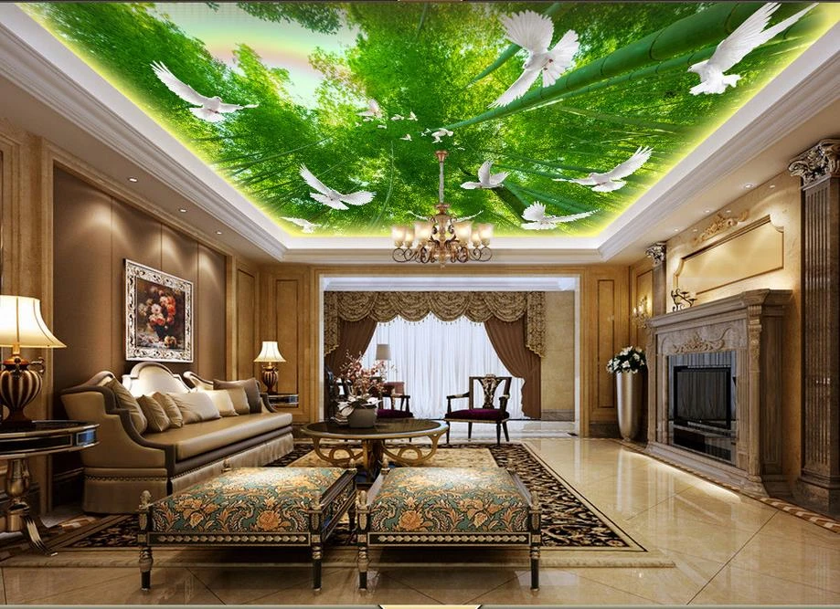 3d天井壁画壁紙カスタム3d竹鳩虹自然壁紙天井用不織布壁紙壁用3d Wallpaper Print Wallpaper Disneywallpaper Design Aliexpress