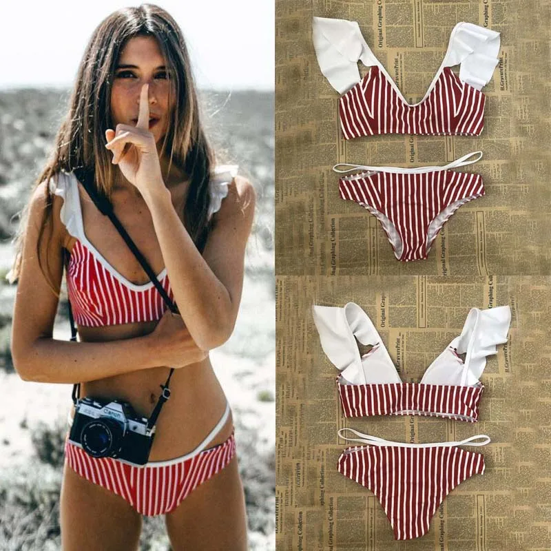 Mujeres patrón de onda vendaje Pink Stripe bikini push up acolchado BRA baño Conjuntos de bikinis bañadores 2 unids más tamaño S XL|swimwear plus|swimwear bikini setswimwear set - AliExpress