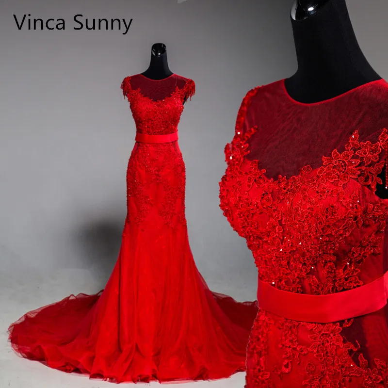 

Vinca Sunny Real Photo 2019 High Quality Elegant lace applique Red mermaid wedding dresses vestidos de noiva robe de mariage