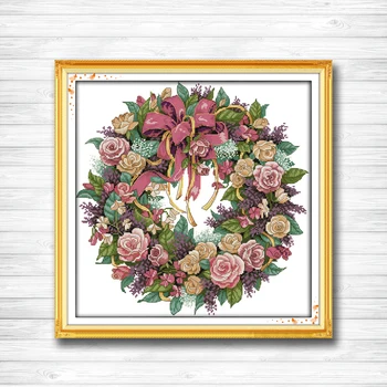 

A wreath of roses flowers paintings dmc 14CT 11CT counted cross stitch kits embroidery set Needlework Set chinese cross stitch