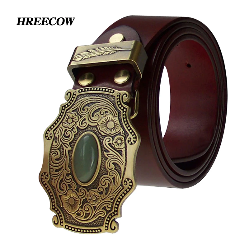 

Top Cow genuine leather belts for men Copper buckle Tang Grass Grain Inlaid Jade Brass Plate Buckle Homme Making-replica Ancient