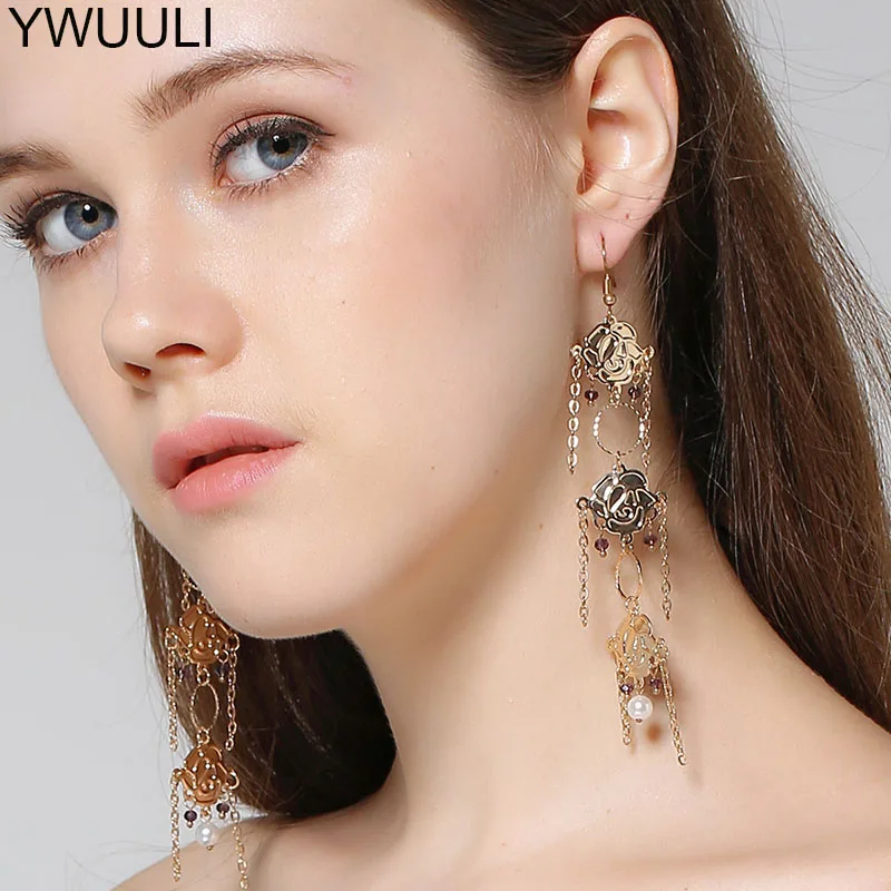 

YWUULI European Metal Flower Drops Long Dangle Earrings Women Round Circle Crystal Pearl Pendant Tassel Earring Jewelry R953