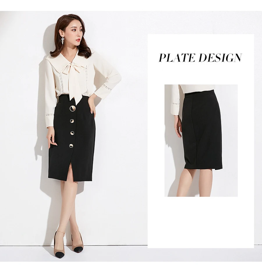 Autumn Winter Women Sexy Skirts High Waist Black Knee-Length Splitting Skirt Office Lady Business Type Wrap Skirt Single Button (7)