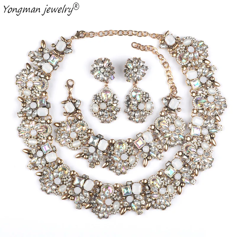 

YONGMAN Bridal Crystal Statement Bracelet Necklace And Earrings Set Maxi Collier Luxury Nigerian Beads Necklace Jewelry Set