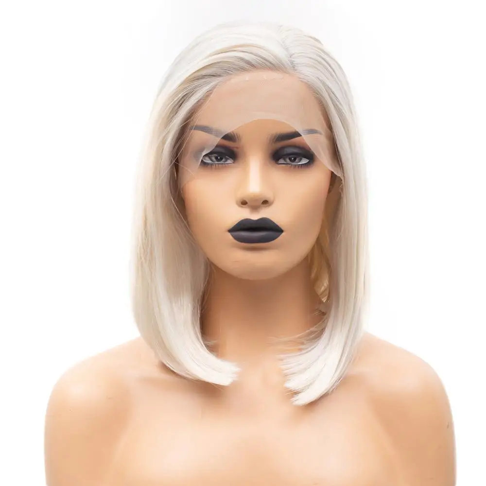 

Charisma Synthetic Platinum Blonde Bob Straight Hair Lace Front Wig Heat Resistant 14 Inch #60 Color Side Part Wigs For Women