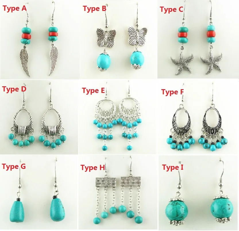 

10pcs Mixed Style Retro Natural Blue Howlite Jewelry Silver Color Charm Drop Earrings