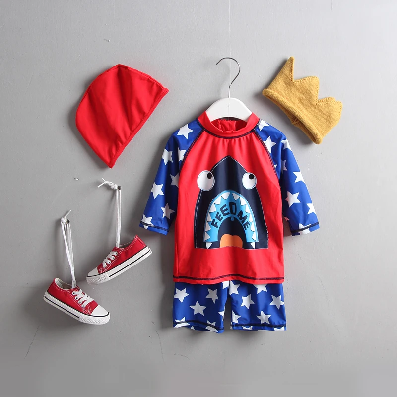 

2018 Baby Boys Swimming Suits Shirt + Shorts +Cap Summer Anti-UV Kids Boy Swimsuit Cartoon Shark Stars Print Children Swimwear