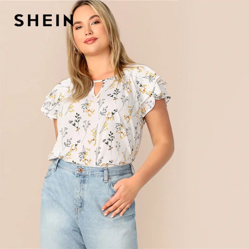 

SHEIN Plus Size Choker Neck Layered Ruffle Sleeve Floral Blouse Women Casual Cut Out Neck Butterfly Sleeve Summer White Blouse