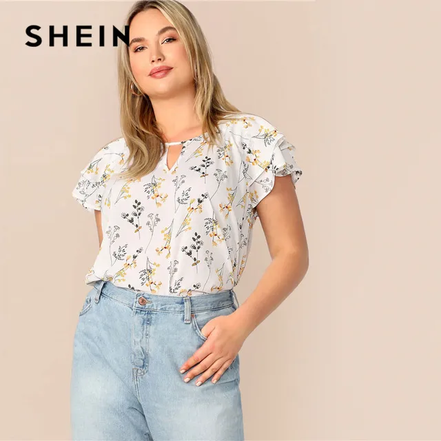Download SHEIN Plus Size Choker Neck Layered Ruffle Sleeve Floral ...