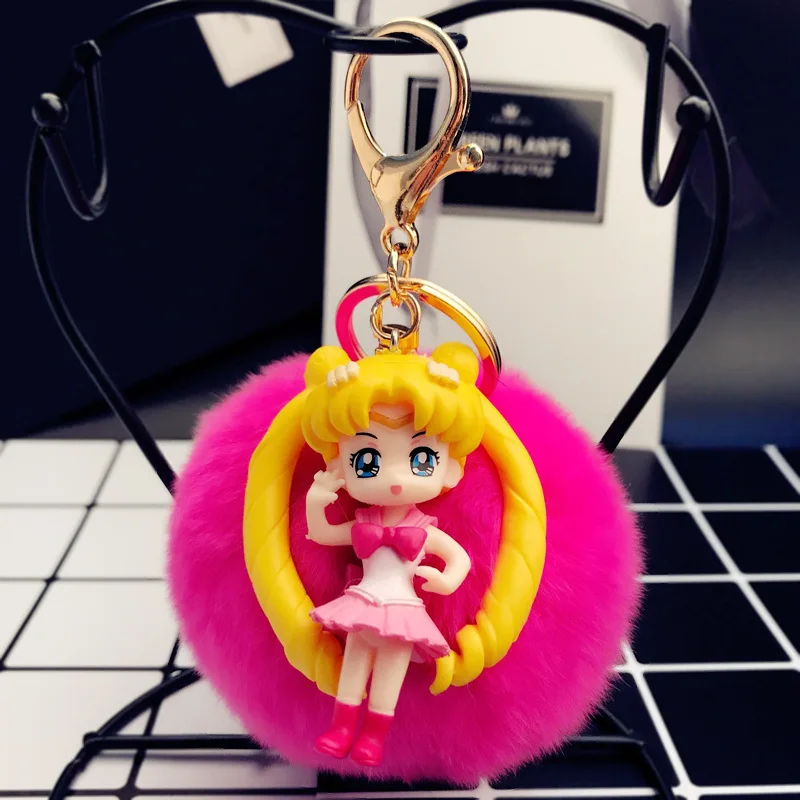 

Cute Sailor Moon Fur Keychain Pompom Fake Fur Ball Key Chain Fluffy Pompon Keyring Bag Charms Key Ring Llaveros Chaveiros