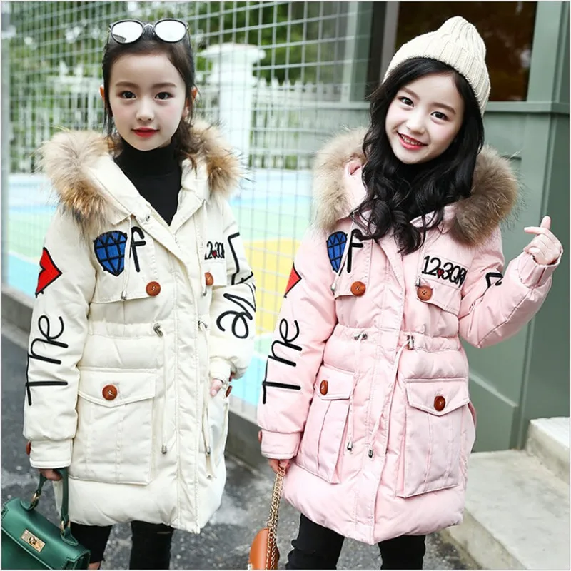 

New 2018 Fashion Children Winter Jacket Girl Winter Coat Kids Warm Thick Fur Collar Hooded long down Coats For Teenage 4-12Y