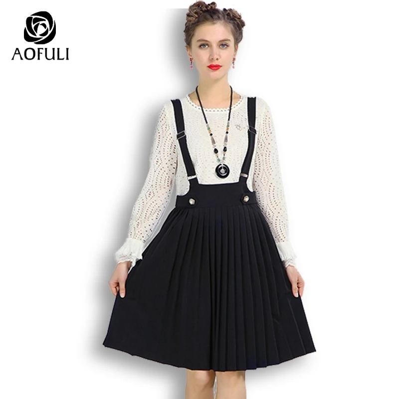 

AOFULI L- Xxxl 4xl 5xl Princess Black White Women Two Piece Set Long Sleeve Lace Tops Twinset Pleated Strap Skirt Outfit 1023