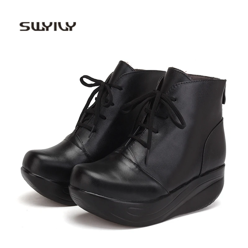

SWYIVY Women Toning Shoes Genuine Leather Platform Sneakers Women 2018 New Winter Warm Plus Velvet Large Size43 Women Swing Shoe