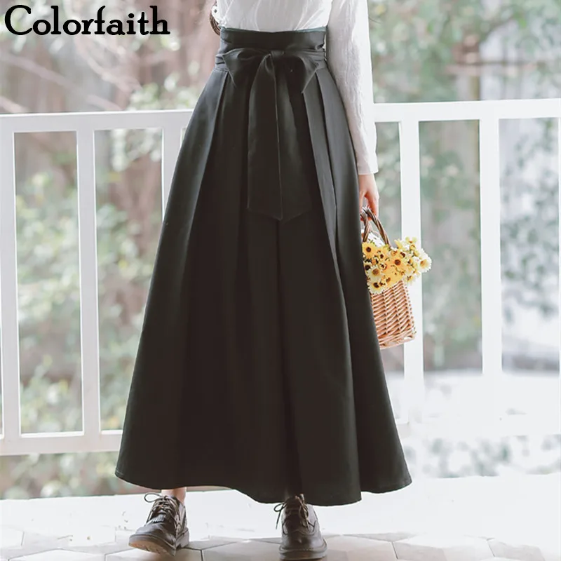 

Colorfaith New 2019 Women Retro Floor-Length Maxi Skirt Spring Summer Flared Pleated Lace Up Bow High Waist Femininas SK8108